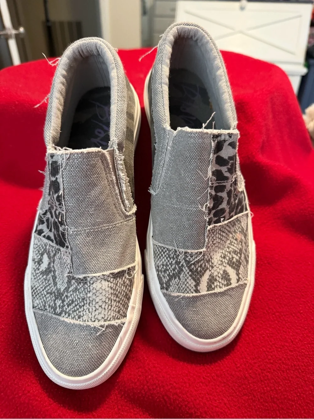 Blowfish Women’s Gray Slip-On Patchwork Sneakers w/Snakeskin and Leopard Panels